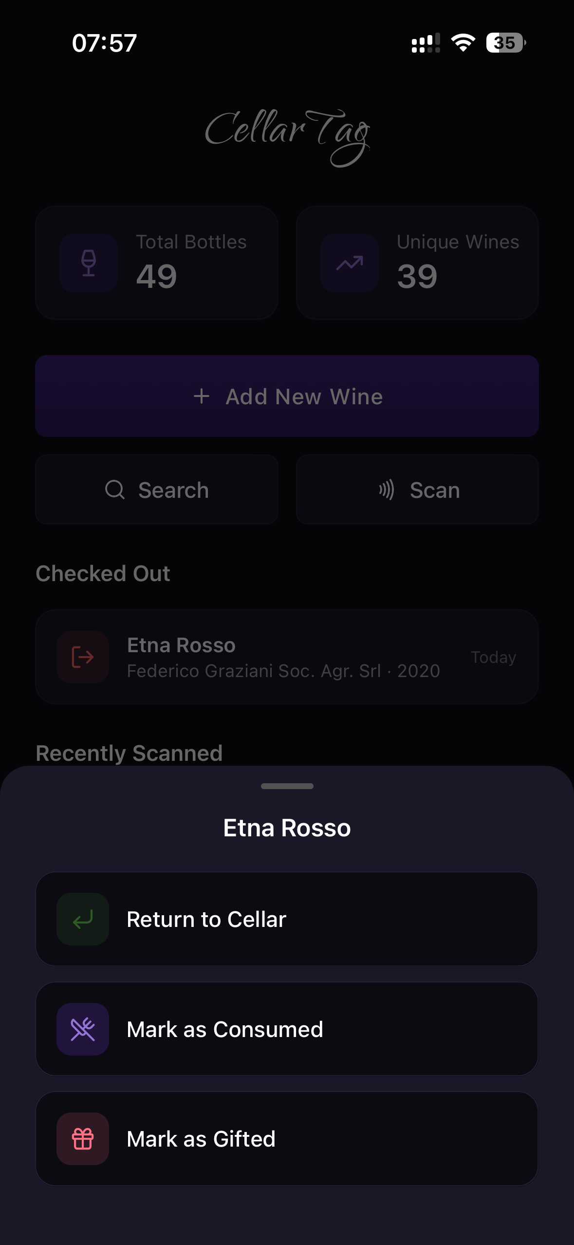 Bottle checkout actions: return, consumed, or gifted
