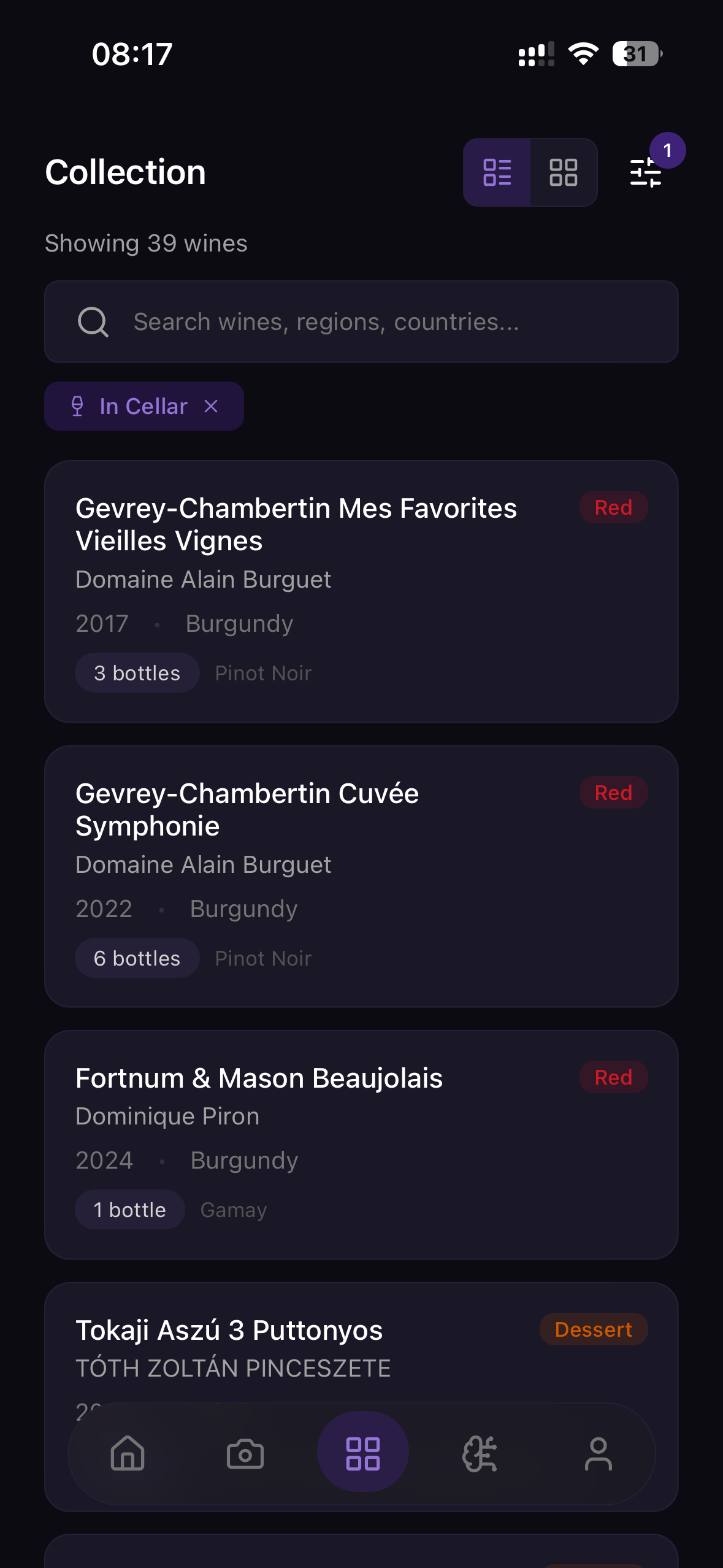 Searchable wine collection with filters