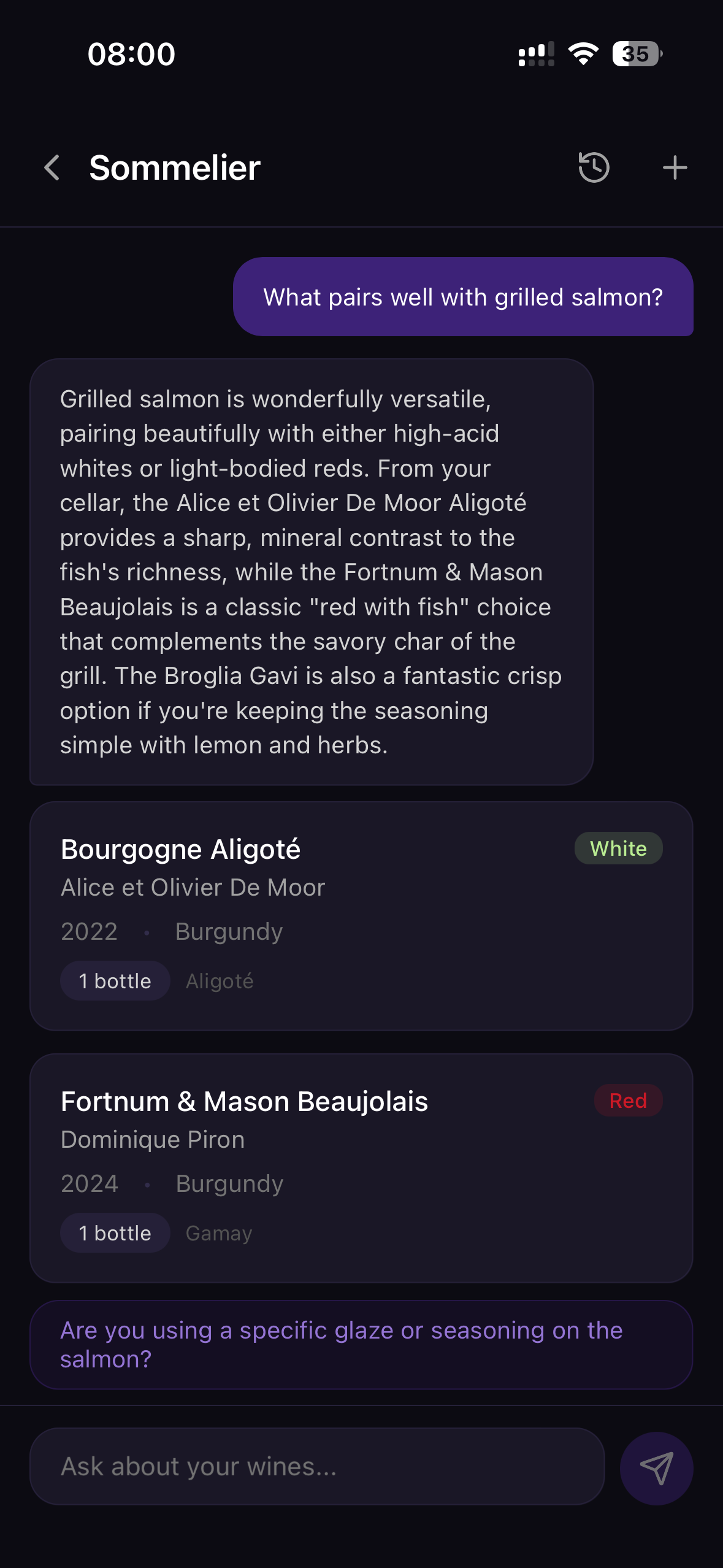 AI Sommelier recommending wine pairings for grilled salmon